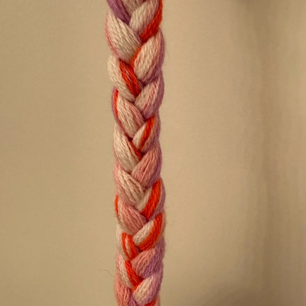Knit hat girls Owl face with tassel ears, and two long braids in pinks & purples
